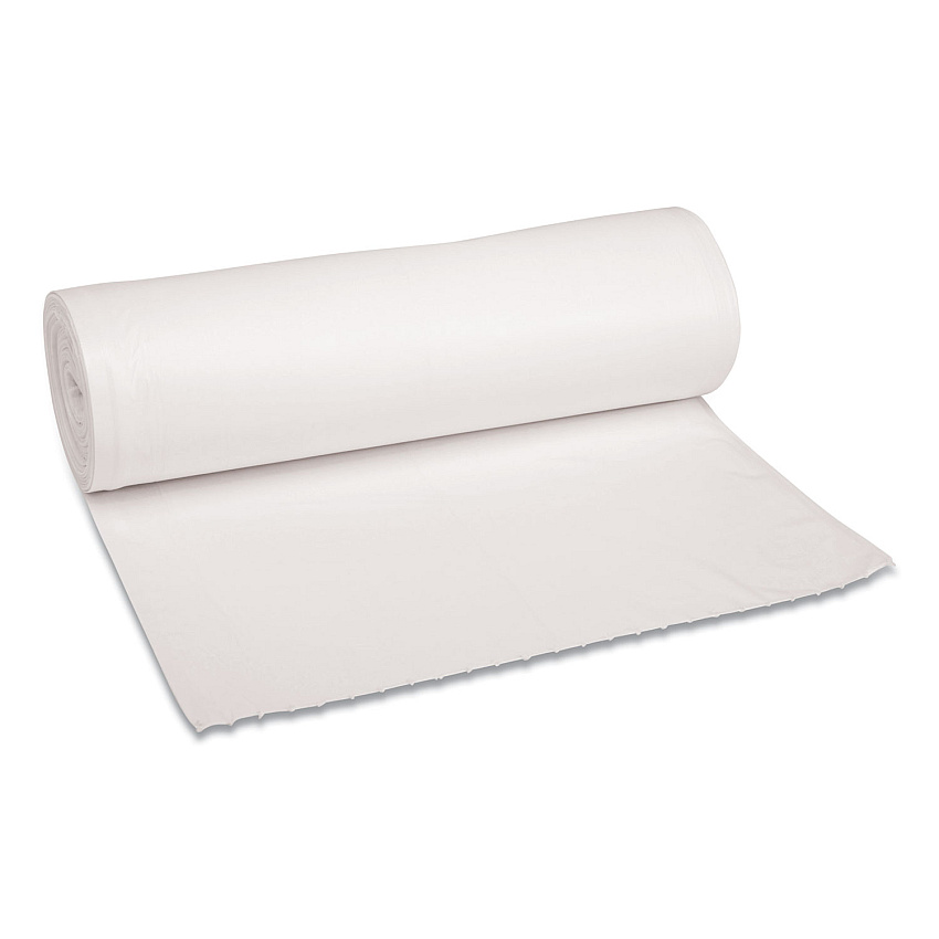 Boardwalk Low-Density Waste Can Liners, 60 gal, 0.6 mil, 38" x 58", White, Perforated Roll, 25 Bags/Roll, 4 Rolls/Carton (BWK3858EXH)