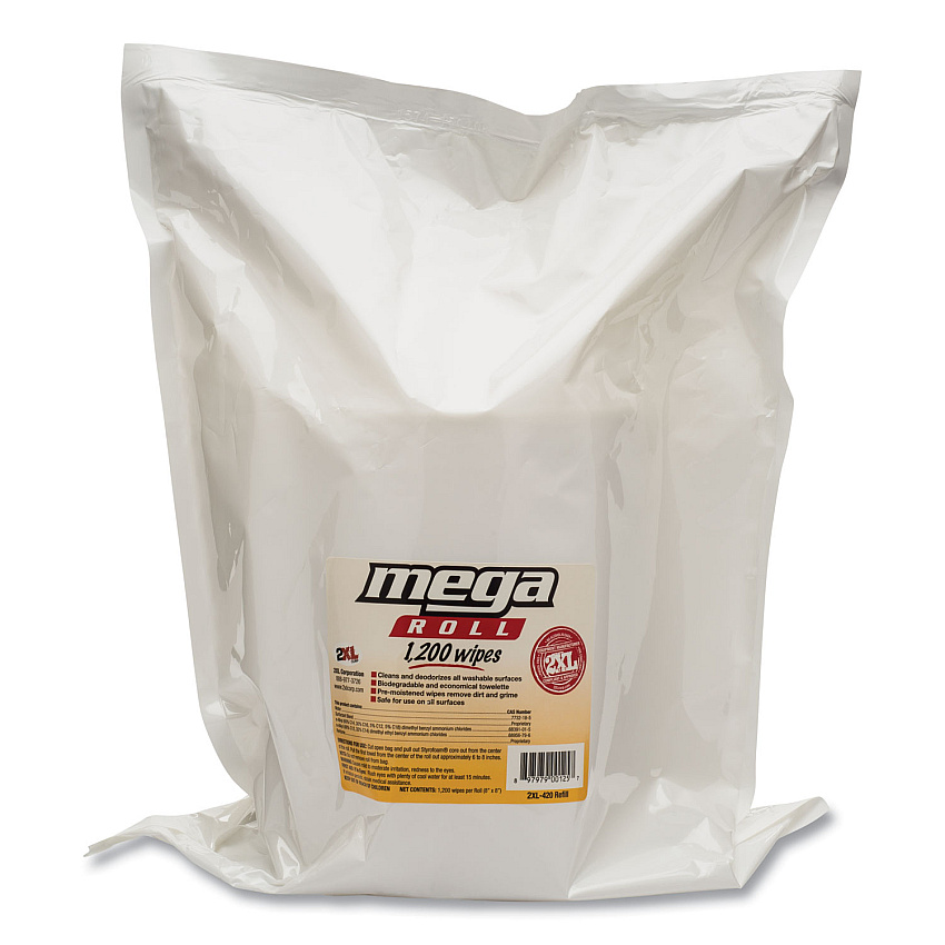 2XL Gym Wipes Mega Roll Refill, 8 x 8, Unscented, White, 1,200/Roll, 2 Rolls/Carton (L420)