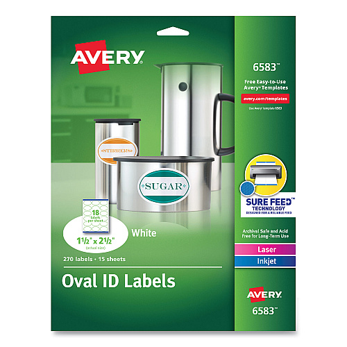 Avery Oval Print-to-the-Edge Labels, 1.5 x 2.5, White, 18/Sheet, 15 Sheets/Pack (6583)