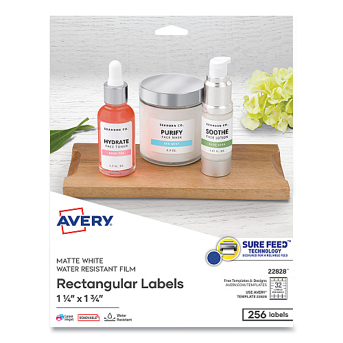 Avery Removable Durable White Rectangle Labels w/ Sure Feed, 1.25 x 1.75, 256/PK (22828)