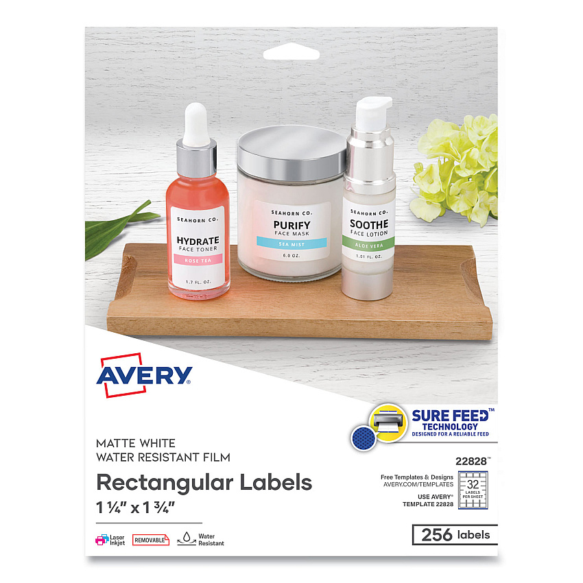 Avery Removable Durable White Rectangle Labels w/ Sure Feed, 1.25 x 1.75, 256/PK (22828)