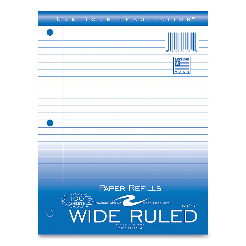 Roaring Spring Notebook Filler Paper, 3-Hole, 8 x 10.5, Wide/Legal Rule, 100/Pack (20010)