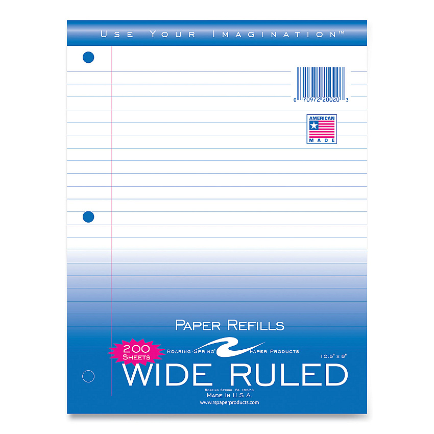 Roaring Spring Notebook Filler Paper, 3-Hole, 8 x 10.5, Wide/Legal Rule, 200/Pack (20020)