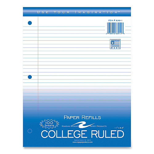 Roaring Spring Notebook Filler Paper, 3-Hole, 8.5 x 11, College Rule, 100/Pack (83911)