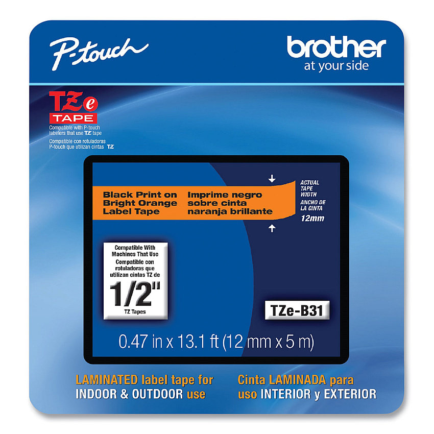 Brother TZe Laminated Removable Label Tapes, 0.47" x 26.2 ft, Black on Orange (TZEB31CS)
