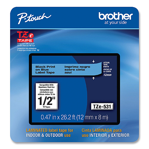 Brother TZe Laminated Removable Label Tapes, 0.47" x 26.2 ft, Black on Blue (TZE531CS)