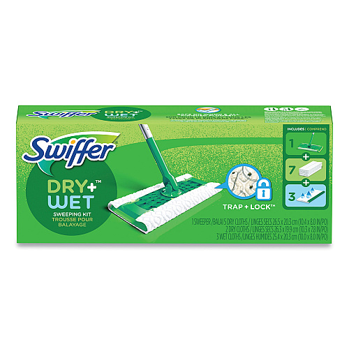 Swiffer Sweeper Mop, 10 x 4.8 White Cloth Head, 46" Green/Silver Aluminum/Plastic Handle, 6/Carton (92815CT)