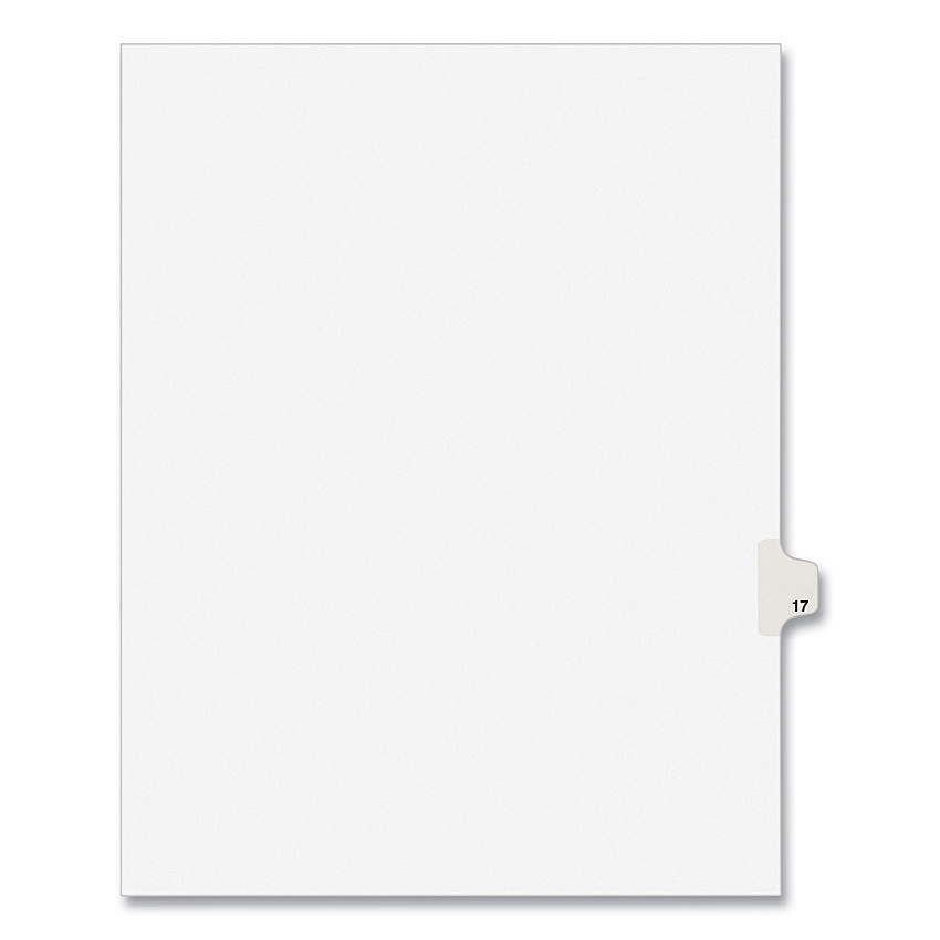 Preprinted Legal Exhibit Side Tab Index Dividers, Avery Style, 10-Tab, 17, 11 x 8.5, White, 25/Pack, (1017) 1 Printed Tab(s) - Digit - 17 - 1 Tab(s)/Set - 8.5" Divider Width x 11" Divider Length - Letter - White Paper Divider - Paper Tab(s) - 20%  (01017)
