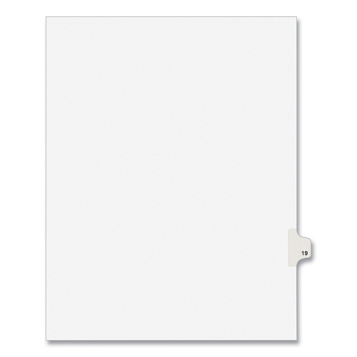 Preprinted Legal Exhibit Side Tab Index Dividers, Avery Style, 10-Tab, 19, 11 x 8.5, White, 25/Pack, (1019) 1 Printed Tab(s) - Digit - 19 - 1 Tab(s)/Set - 8.5" Divider Width x 11" Divider Length - Letter - White Paper Divider - Paper Tab(s) - 20%  (01019)