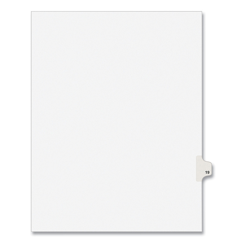 Preprinted Legal Exhibit Side Tab Index Dividers, Avery Style, 10-Tab, 19, 11 x 8.5, White, 25/Pack, (1019) 1 Printed Tab(s) - Digit - 19 - 1 Tab(s)/Set - 8.5" Divider Width x 11" Divider Length - Letter - White Paper Divider - Paper Tab(s) - 20%  (01019)