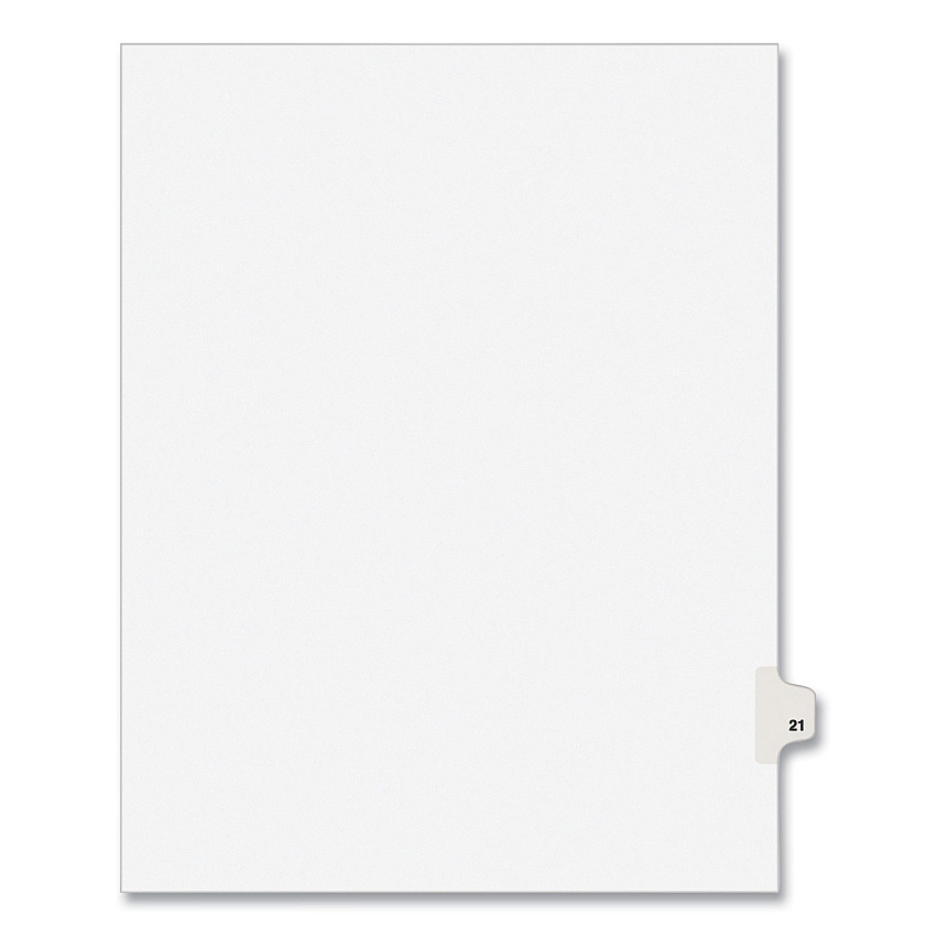 Preprinted Legal Exhibit Side Tab Index Dividers, Avery Style, 10-Tab, 21, 11 x 8.5, White, 25/Pack, (1021) 1 Printed Tab(s) - Digit - 21 - 1 Tab(s)/Set - 8.5" Divider Width x 11" Divider Length - Letter - White Paper Divider - White Tab(s) - 20%  (01021)