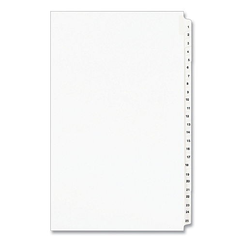 Preprinted Legal Exhibit Side Tab Index Dividers, Avery Style, 25-Tab, 1 to 25, 14 x 8.5, White, 1 Set, (1430) (01430)