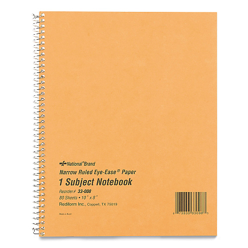 National Paper Single-Subject Wirebound Notebooks, Narrow Rule, Brown Paperboard Cover, (80) 10 x 8 Sheets (33008)