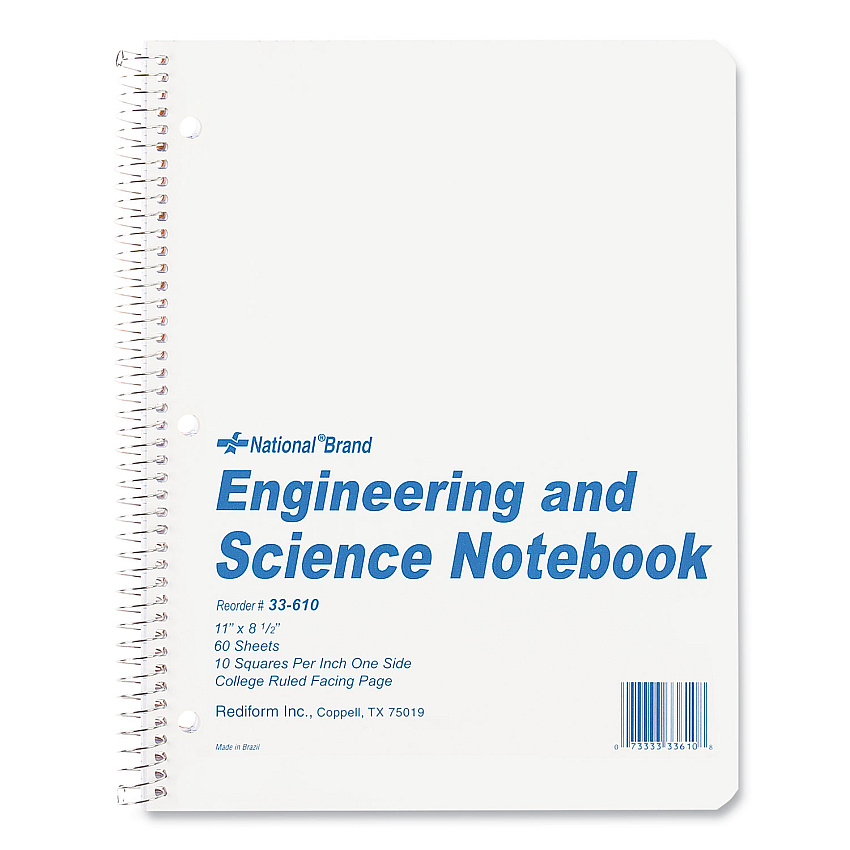 National Paper Engineering and Science Notebook, Quadrille Rule (10 sq/in), White Cover, (60) 11 x 8.5 Sheets (33610)