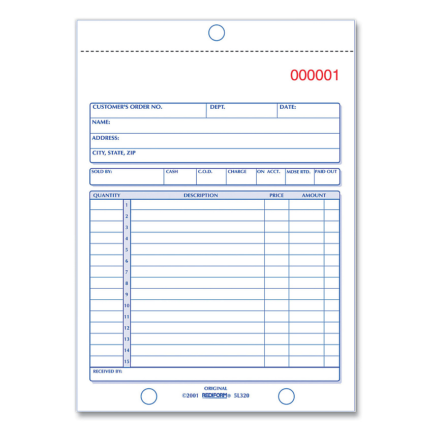 Rediform Sales Book, 15 Lines, Two-Part Carbonless, 5.5 x 7.88, 50 Forms Total (5L320)