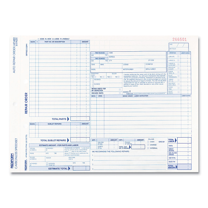Rediform Speediset Four-Part Auto Repair Form, Four-Part Carbonless, 11 x 8.5, 50 Forms Total (4P489)