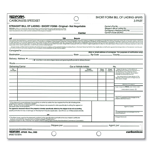 Rediform Speediset Bill of Lading, Short Form, Three-Part Carbonless, 7 x 8.5, 50 Forms Total (6P695)