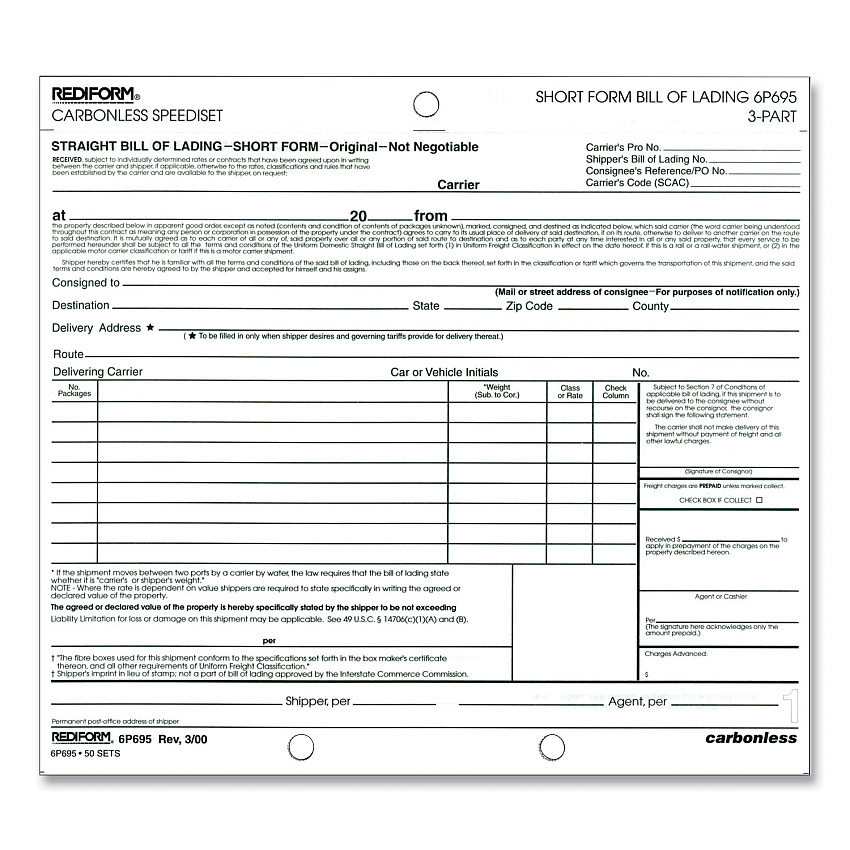 Rediform Speediset Bill of Lading, Short Form, Three-Part Carbonless, 7 x 8.5, 50 Forms Total (6P695)