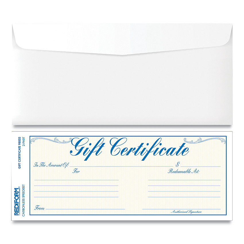 Rediform Gift Certificates with Envelopes, 8.5 x 3.67, Blue/Gold with Blue Border, 25/Pack (98002)