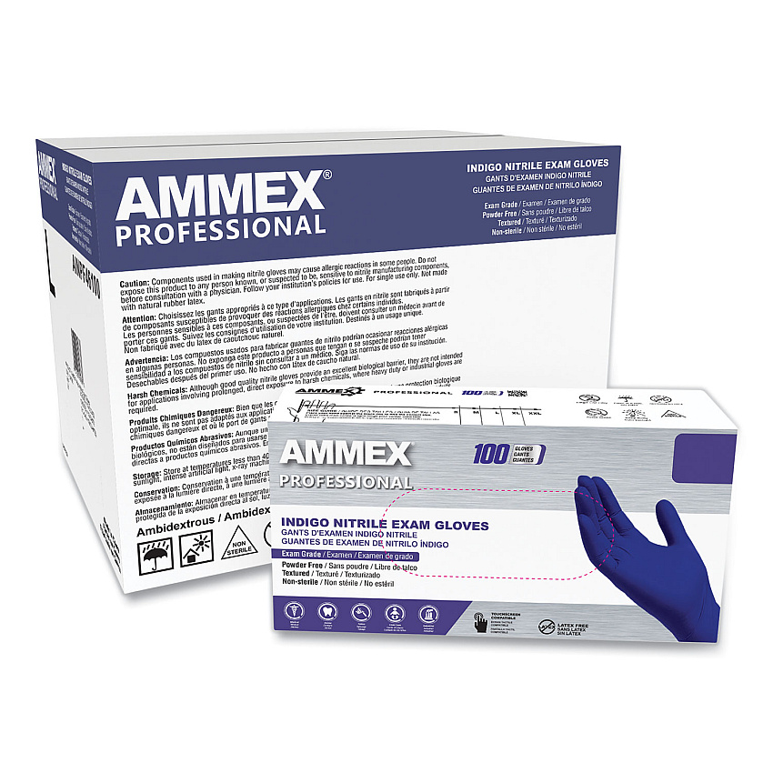 AMMEX Professional Nitrile Exam Gloves, Powder-Free, Large, 3 mil Thick, Indigo, 100/Box (AINPF46100)