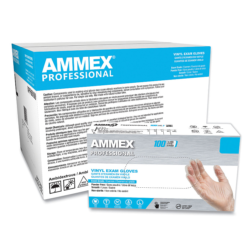 AMMEX Professional Vinyl Exam Gloves, Powder-Free, Small, Clear, 100/Box (VPF62100)