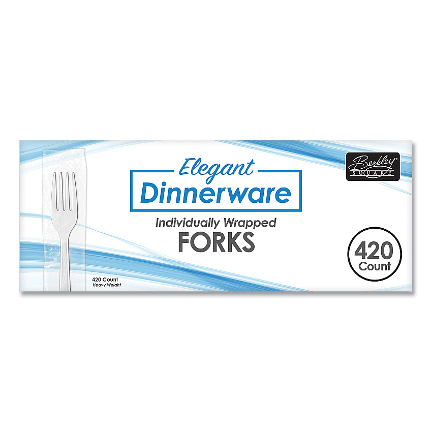 Berkley Square Elegant Dinnerware Heavyweight Cutlery, Individually Wrapped, Fork, Plastic, White, 420/Box (90185)