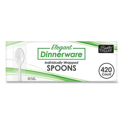 Berkley Square Elegant Dinnerware Heavyweight Cutlery, Individually Wrapped, Spoon, Plastic, White, 420/Box (90187)
