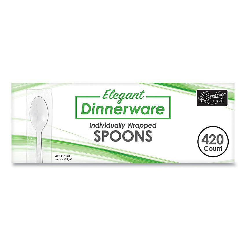 Berkley Square Elegant Dinnerware Heavyweight Cutlery, Individually Wrapped, Spoon, Plastic, White, 420/Box (90187)