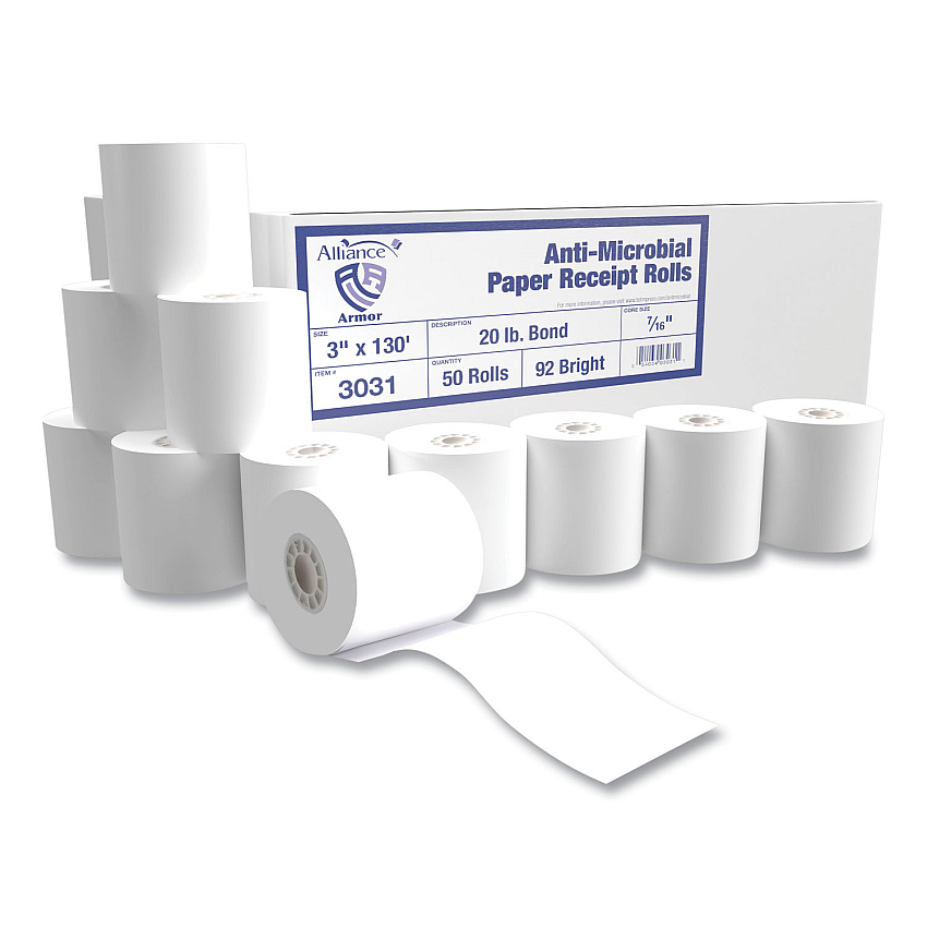 Alliance Armor Antimicrobial Receipt Roll Paper, 3" x 130 ft, White, 50/Carton (3031)
