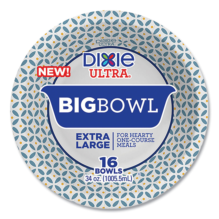 Dixie Ultra Heavy-Duty Big Bowls, 34 oz, Blue/Yellow/White, 16/Pack (16223)