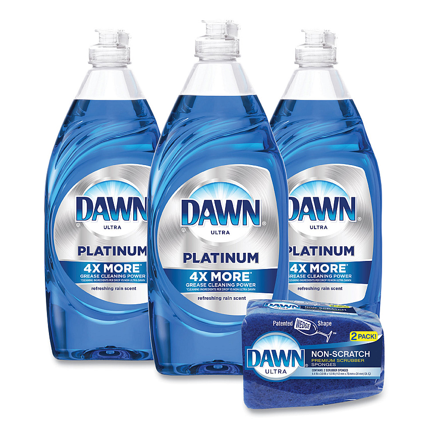 Dawn&reg; Platinum Dish Soap, Refreshing Rain Scent, (3) 24 oz Bottles Plus (2) Sponges/Carton (49041)
