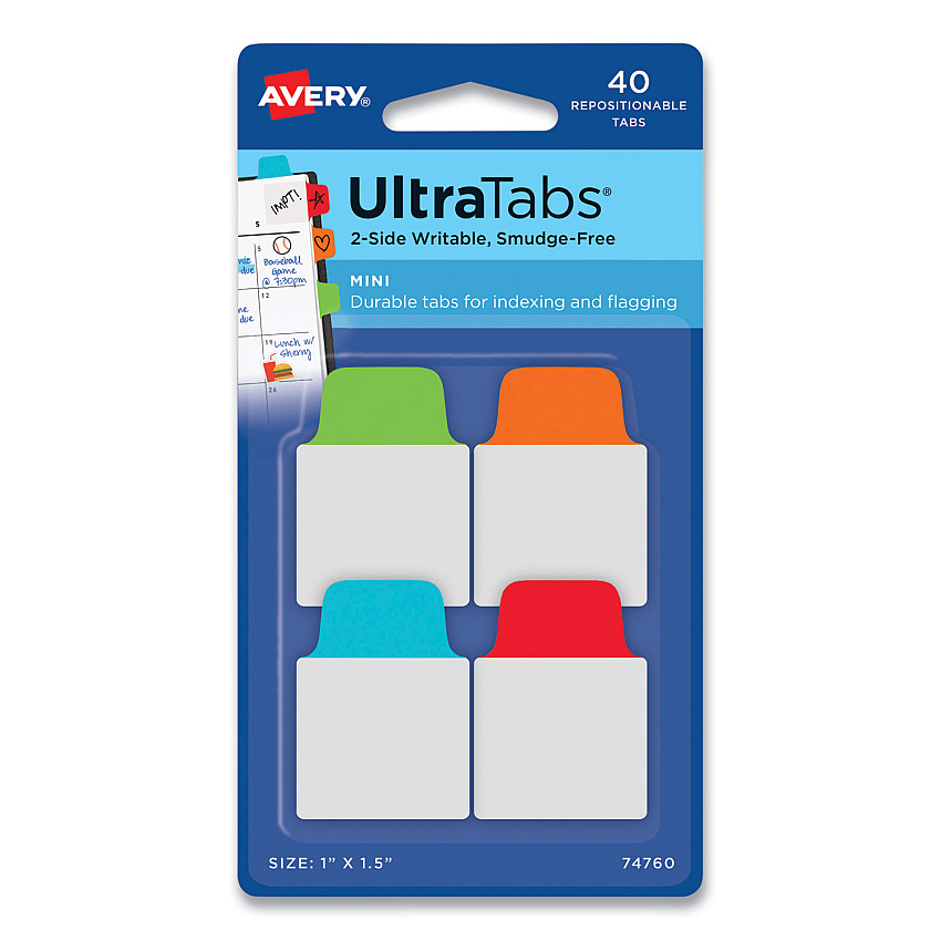 Avery Ultra Tabs Repositionable Tabs, Mini Tabs: 1" x 1.5", 1/5-Cut, Assorted Colors, 40/Pack (74760)