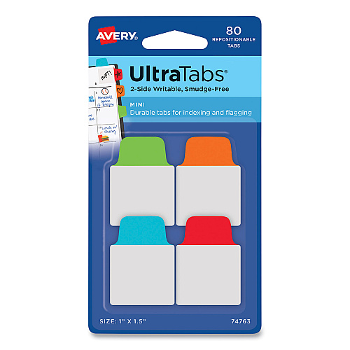 Avery Ultra Tabs Repositionable Tabs, Mini Tabs: 1" x 1.5", 1/5-Cut, Assorted Colors, 80/Pack (74763)