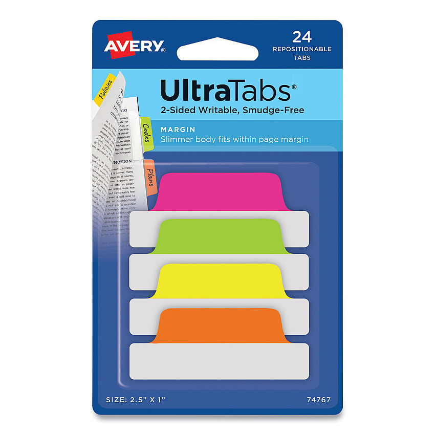 Avery Ultra Tabs Repositionable Tabs, Margin Tabs: 2.5" x 1", 1/5-Cut, Assorted Neon Colors, 24/Pack (74767)