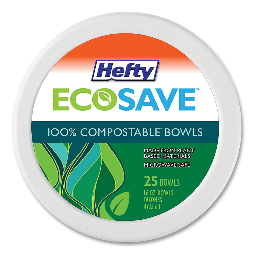 Hefty ECOSAVE Tableware, Bowl, Bagasse, 16 oz, White, 25/Pack, 12 Packs/Carton (D71625)