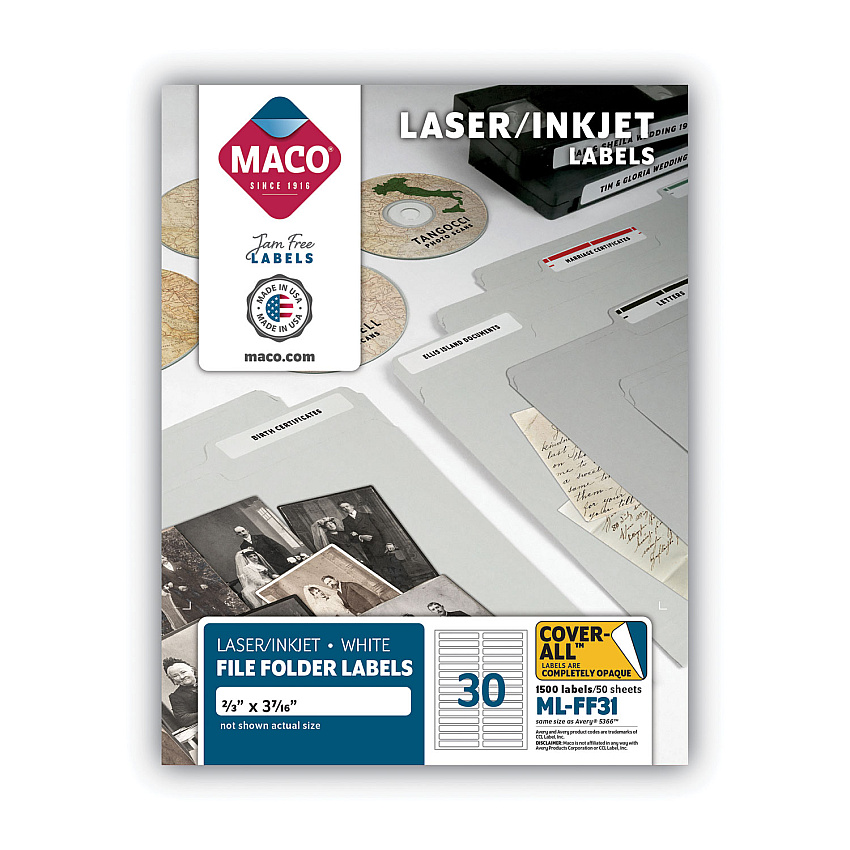 MACO Cover-All Opaque File Folder Labels, Inkjet/Laser Printers, 0.66 x 3.44, White, 30 Labels/Sheet, 50 Sheets/Box (MLFF31)