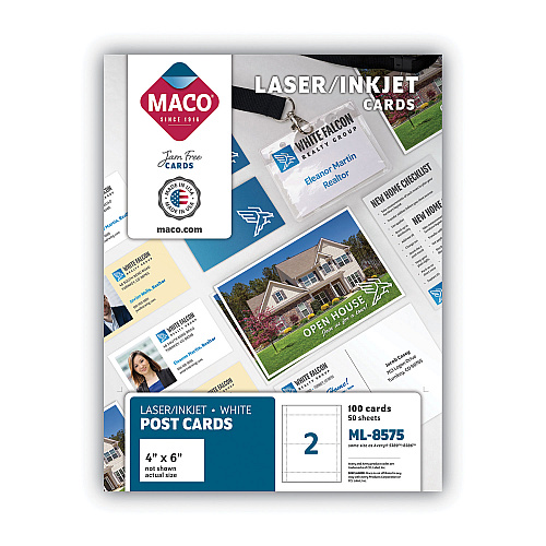 MACO Unruled Microperforated Laser/Inkjet Post Cards, 4 x 6, White, 100 Cards, 2 Cards/Sheet, 50 Sheets/Box (ML8575)