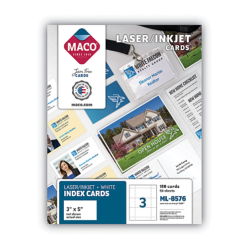 MACO Unruled Microperforated Laser/Inkjet Index Cards, 3 x 5, White, 150 Cards, 3 Cards/Sheet, 50 Sheets/Box (ML8576)