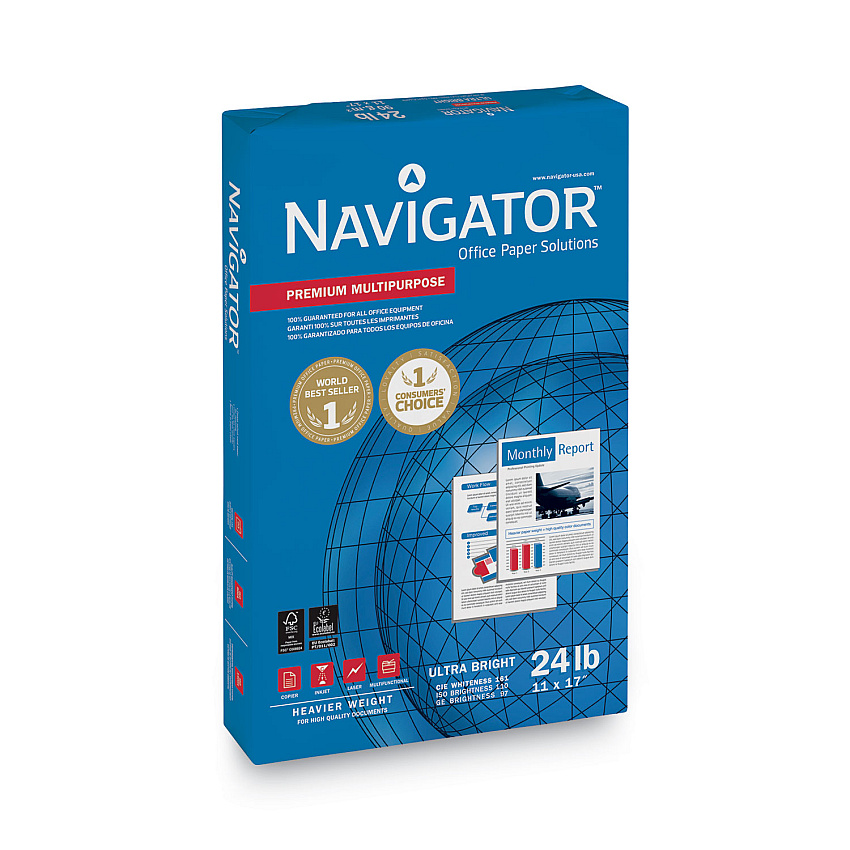 Navigator Premium Multipurpose Copy Paper, 97 Bright, 24 lb Bond Weight, 11 x 17, White, 500 Sheets/Ream, 5 Reams/Carton 97 Brightness - 96% Opacity - Tabloid - 11" x 17" - 24 lb Basis Weight - Smooth - Jam-free - Bright White - 500 Sheets per R (NMP1724)