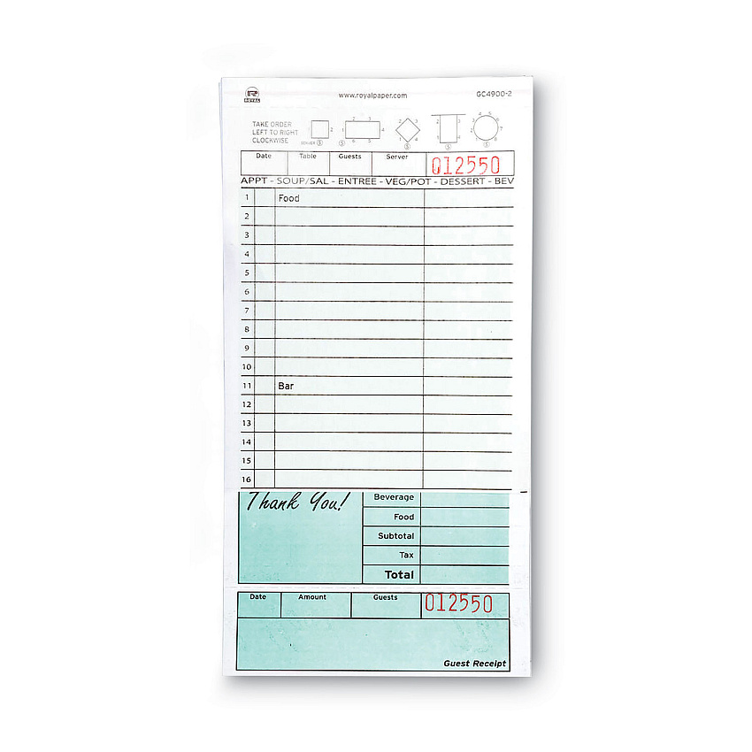 AmerCareRoyal Guest Check Pad, 16 Lines, Two-Part Carbonless, 4.2 x 8.25, 50 Forms/Pad, 50 Pads/Carton (GC49002)