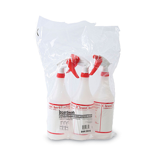 Boardwalk&reg; Trigger Spray Bottle, 32 oz, Clear/Red, HDPE, 3/Pack (BWK03010)