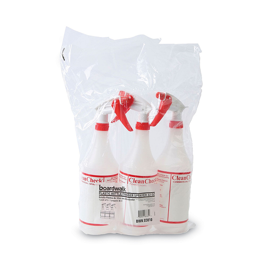 Boardwalk&reg; Trigger Spray Bottle, 32 oz, Clear/Red, HDPE, 3/Pack (BWK03010)