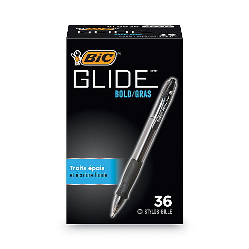 BIC GLIDE Bold Ballpoint Pen Value Pack, Retractable, Bold 1.6 mm, Black Ink, Smoke Barrel, 36/Pack (VLGB361BK)
