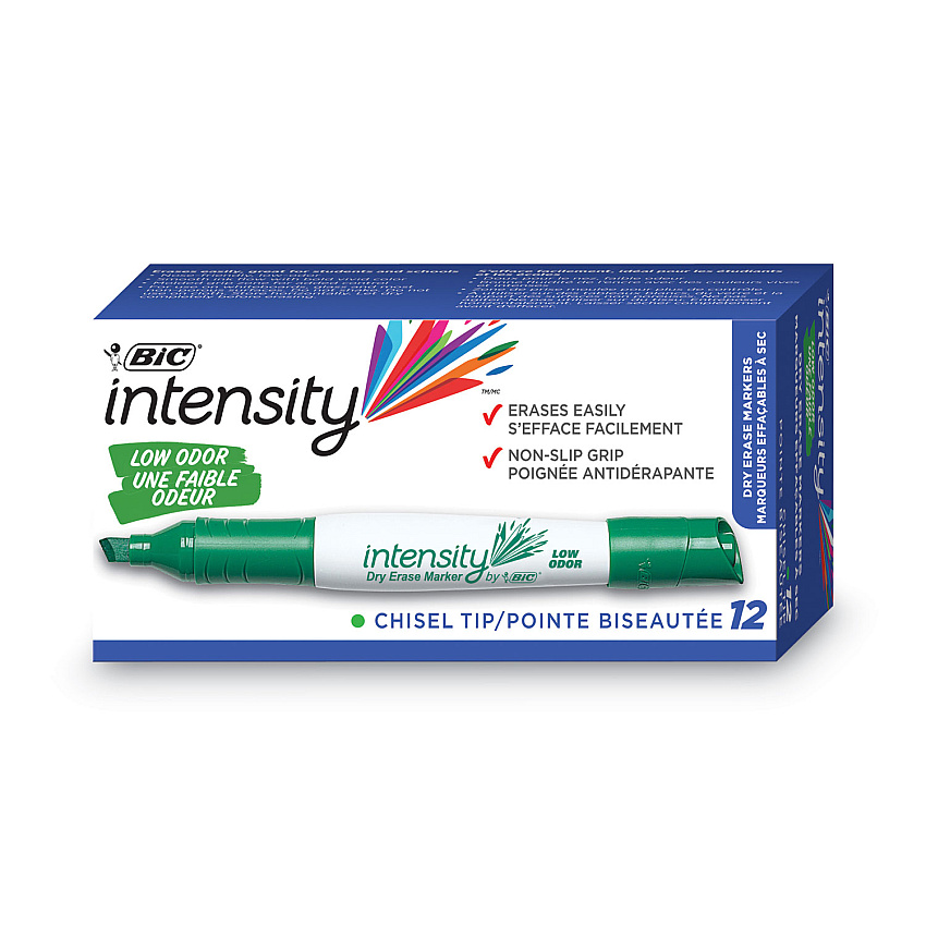 BIC Intensity Low Odor Chisel Tip Dry Erase Marker, Broad Chisel Tip, Green, Dozen Chisel Marker Point - Green Ink - 1 Dozen (GDEM11GN)