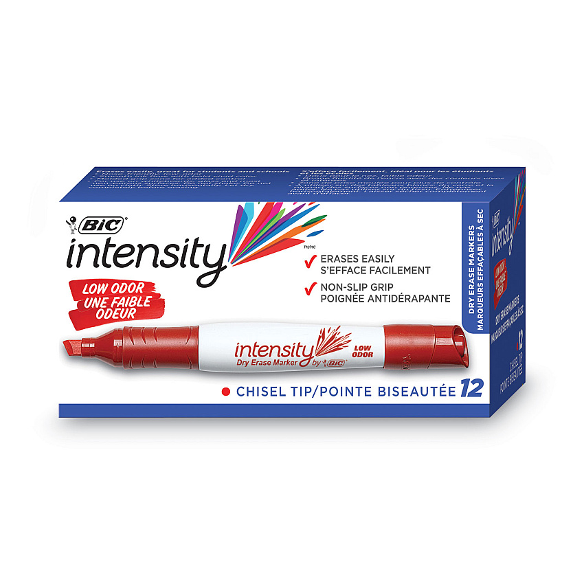 BIC Intensity Low Odor Chisel Tip Dry Erase Marker, Extra-Broad Bullet Tip, Red, Dozen (GDEM11RD)