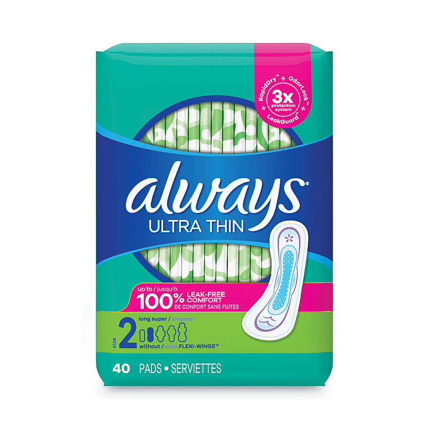 Always Ultra Thin Pads, Super Long 10 Hour, 40/Pack, 6 Packs/Carton (12853)