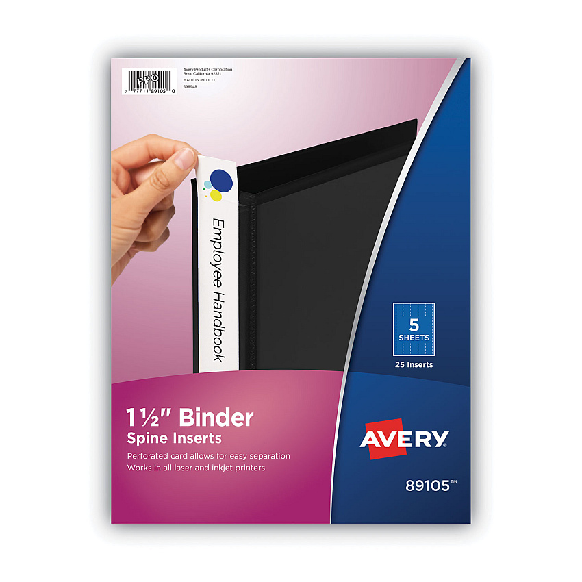 Avery Binder Spine Inserts, 1.5" Spine Width, 5 Inserts/Sheet, 5 Sheets/Pack (89105)