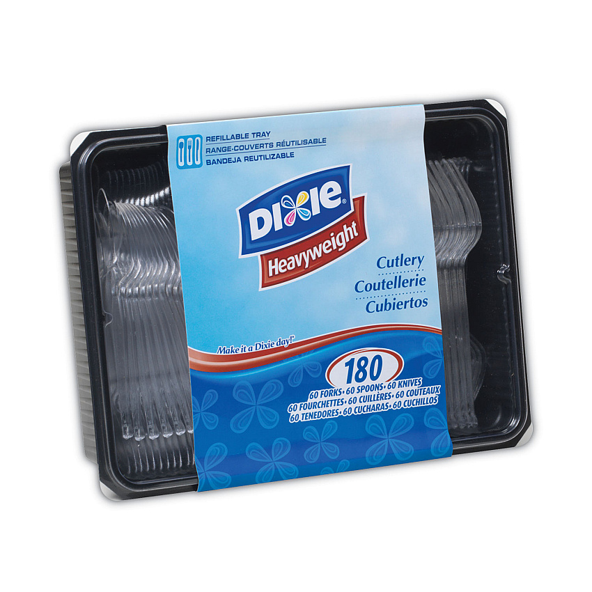 Dixie Cutlery Keeper Tray with Clear Plastic Utensils: 600 Forks, 600 Knives, 600 Spoons (CH0180DX7CT)
