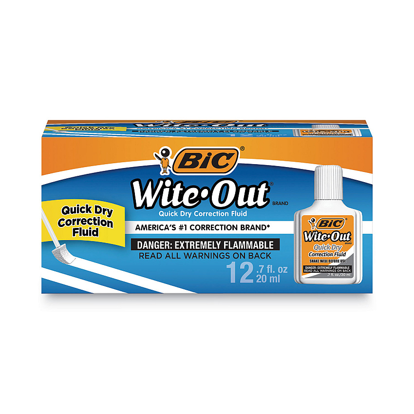 BIC Wite-Out Quick Dry Correction Fluid, 20 mL Bottle, White, Dozen (WOFQD12WE)