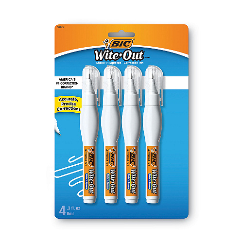 BIC Wite-Out Shake 'n Squeeze Correction Pen, Needle Tip, 0.27 oz, White, 4/Pack (WOSQPP418)